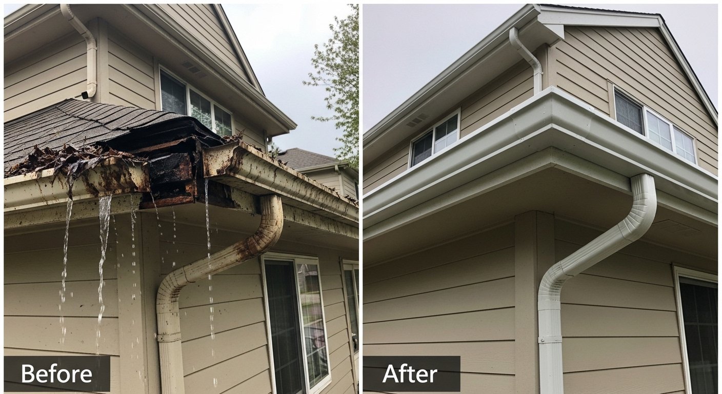 Multi-Story Gutter Installation before and after